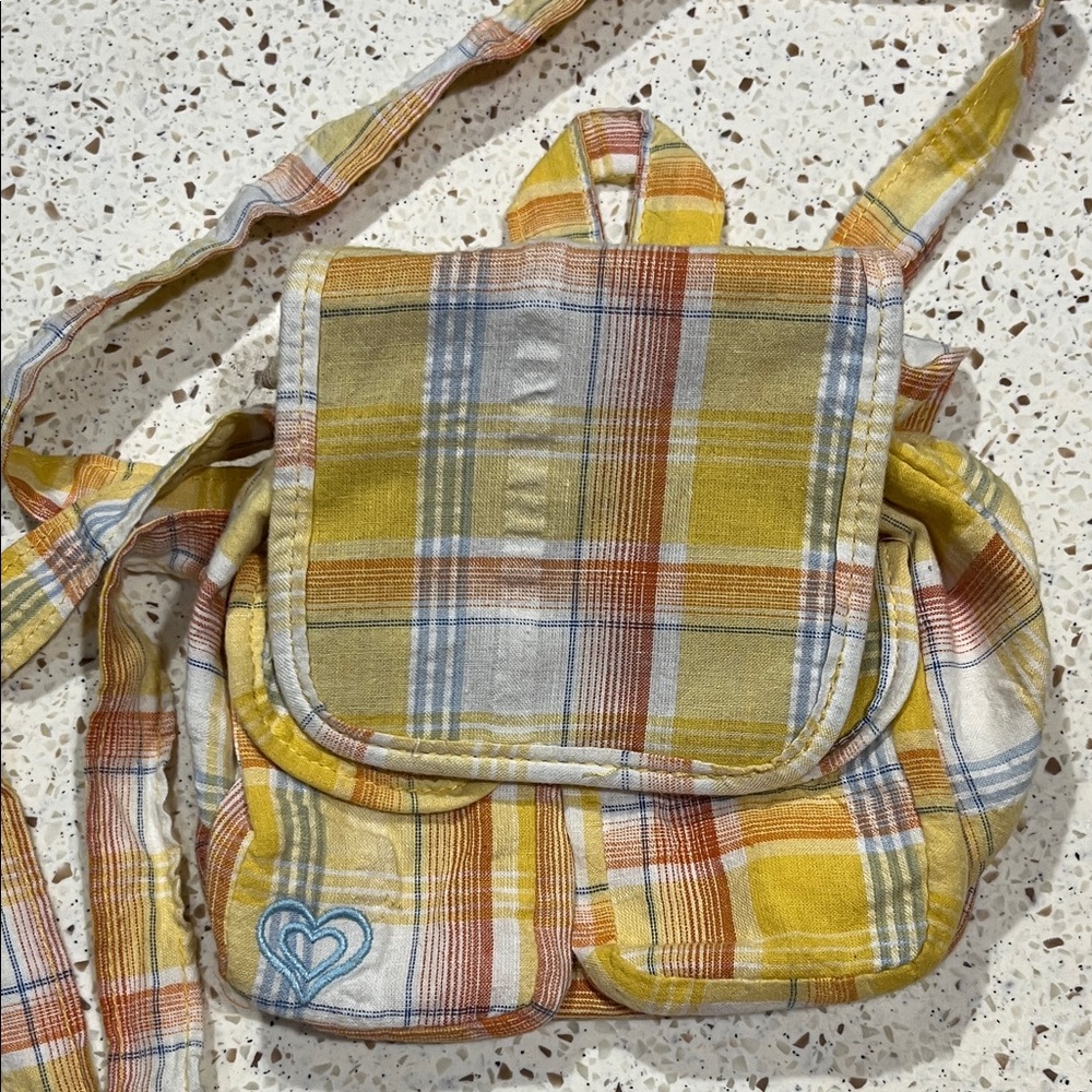 Roxy Yellow, Orange and Light Blue Plaid Cinch Mini Backpack - Picture 6 of 11